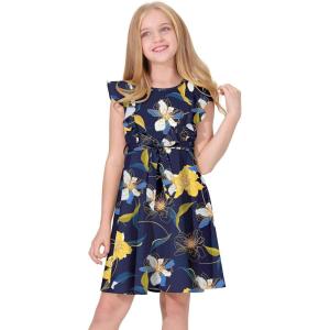 imageQuedoris Girls Ruffle Trim Dress Print and Solid Color Aline Swing Flared Belted Casual Party Dress with ZipperNavy Floral