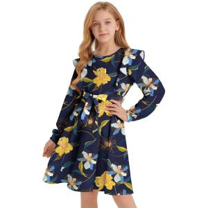 imageQuedoris Girls Ruffle Trim Dress Print and Solid Color Aline Swing Flared Belted Casual Party Dress with ZipperNavy Floral Fall
