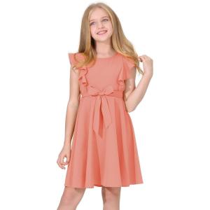 imageQuedoris Girls Ruffle Trim Dress Print and Solid Color Aline Swing Flared Belted Casual Party Dress with ZipperOrange
