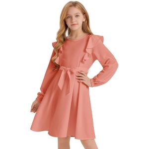 imageQuedoris Girls Ruffle Trim Dress Print and Solid Color Aline Swing Flared Belted Casual Party Dress with ZipperOrange Fall