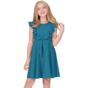 imageQuedoris Girls Ruffle Trim Dress Print and Solid Color Aline Swing Flared Belted Casual Party Dress with ZipperPeacock Blue