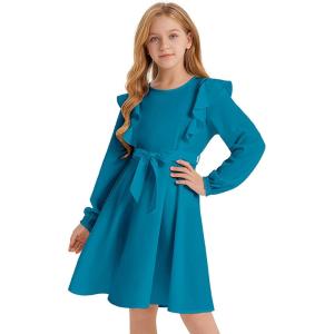 imageQuedoris Girls Ruffle Trim Dress Print and Solid Color Aline Swing Flared Belted Casual Party Dress with ZipperPeacock Blue Fall