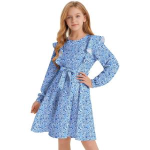 imageQuedoris Girls Ruffle Trim Dress Print and Solid Color Aline Swing Flared Belted Casual Party Dress with ZipperPorcelain Floral Fall