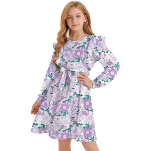 imageQuedoris Girls Ruffle Trim Dress Print and Solid Color Aline Swing Flared Belted Casual Party Dress with ZipperPurple Floral Fall