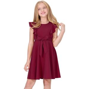 imageQuedoris Girls Ruffle Trim Dress Print and Solid Color Aline Swing Flared Belted Casual Party Dress with ZipperWine