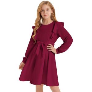imageQuedoris Girls Ruffle Trim Dress Print and Solid Color Aline Swing Flared Belted Casual Party Dress with ZipperWine Fall