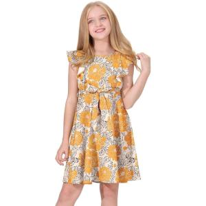 imageQuedoris Girls Ruffle Trim Dress Print and Solid Color Aline Swing Flared Belted Casual Party Dress with ZipperYellow Floral