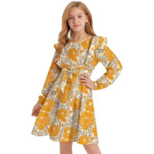 imageQuedoris Girls Ruffle Trim Dress Print and Solid Color Aline Swing Flared Belted Casual Party Dress with ZipperYellow Floral Fall