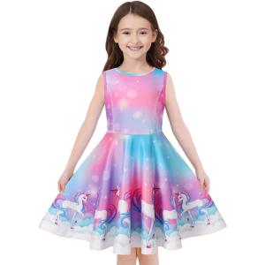 imageQuedoris Girls Dress Unicorn Printed Casual Party Twirly Dress for Kids in 2t to 10 YearsBubble Unicorn Sleeveless