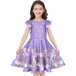 imageQuedoris Girls Dress Unicorn Printed Casual Party Twirly Dress for Kids in 2t to 10 YearsSky Unicorn Cap