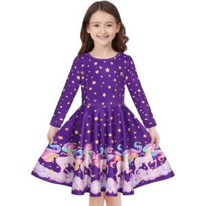 imageQuedoris Girls Dress Unicorn Printed Casual Party Twirly Dress for Kids in 2t to 10 YearsStars Unicorn