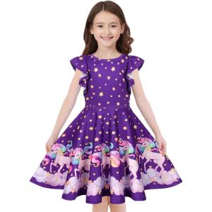 imageQuedoris Girls Dress Unicorn Printed Casual Party Twirly Dress for Kids in 2t to 10 YearsStars Unicorn Cap
