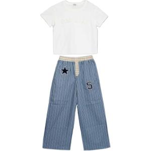 imageSpeechless Girls Short Sleeve Cotton Baby Tee and Striped Pants SetDenimCream