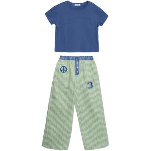 imageSpeechless Girls Short Sleeve Cotton Baby Tee and Striped Pants SetSageBlue