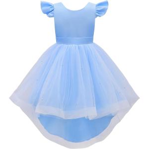 imageUhnice Flower Girl Dress Flutter Sleeve Tulle Dress with Pearl for Wedding Birthday PartyBlue