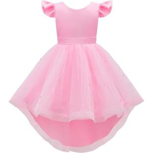 imageUhnice Flower Girl Dress Flutter Sleeve Tulle Dress with Pearl for Wedding Birthday PartyPink