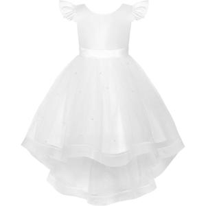 imageUhnice Flower Girl Dress Flutter Sleeve Tulle Dress with Pearl for Wedding Birthday PartyWhite