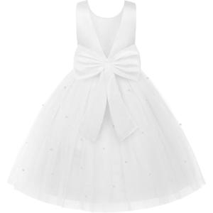 imageUhnice Flower Girl Dress Satin Ball Gown for Wedding Party with BowknotWhite