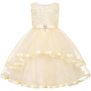 imageUhnice Flower Girl Dress Sleeveless Tulle Tutu Beaded Embroidery for Wedding Birthday PartyApricot