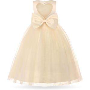 imageUhnice Flower Girl Pearl Dress Tulle Ball Gown Bow Prom with Heart Cutout for Wedding Birthday PartyChampagne