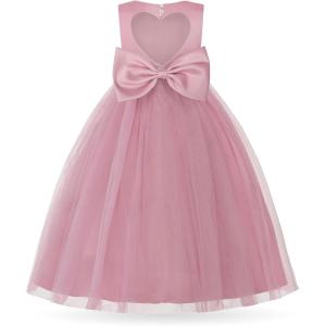 imageUhnice Flower Girl Pearl Dress Tulle Ball Gown Bow Prom with Heart Cutout for Wedding Birthday PartyPink
