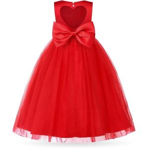 imageUhnice Flower Girl Pearl Dress Tulle Ball Gown Bow Prom with Heart Cutout for Wedding Birthday PartyRed