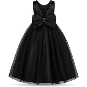 imageUhnice Flower Girl Pearls Dress VBack Tulle Ball Gown Satin Prom with BowKnot for Wedding Pageant Birthday PartyBlack