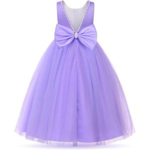imageUhnice Flower Girl Pearls Dress VBack Tulle Ball Gown Satin Prom with BowKnot for Wedding Pageant Birthday PartyPurple