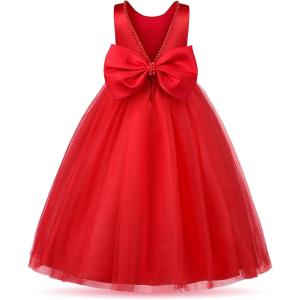 imageUhnice Flower Girl Pearls Dress VBack Tulle Ball Gown Satin Prom with BowKnot for Wedding Pageant Birthday PartyRed