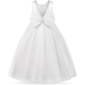 imageUhnice Flower Girl Pearls Dress VBack Tulle Ball Gown Satin Prom with BowKnot for Wedding Pageant Birthday PartyWhite
