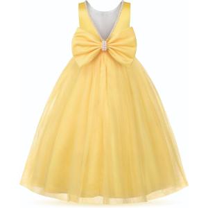 imageUhnice Flower Girl Pearls Dress VBack Tulle Ball Gown Satin Prom with BowKnot for Wedding Pageant Birthday PartyYellow