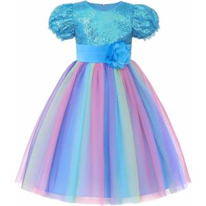 imageUhnice Flower Girl Sequin Dress Puff Sleeve Rainbow Dress for Wedding PartyBlue