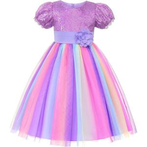 imageUhnice Flower Girl Sequin Dress Puff Sleeve Rainbow Dress for Wedding PartyPurple