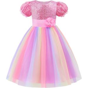 imageUhnice Flower Girl Sequin Dress Puff Sleeve Rainbow Dress for Wedding PartyRainbow Pink
