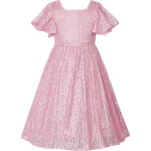 imageUhnice Flower Girl Sequin Pearl Dress Flutter Sleeve Midi Dress Tulle Bow Back for Wedding PartyPink