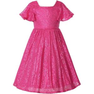 imageUhnice Flower Girl Sequin Pearl Dress Flutter Sleeve Midi Dress Tulle Bow Back for Wedding PartyRose