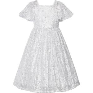 imageUhnice Flower Girl Sequin Pearl Dress Flutter Sleeve Midi Dress Tulle Bow Back for Wedding PartyWhite