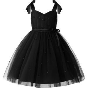 imageUhnice Flower Girls Pearl Dress Toddler Tulle Dresses with Bow Shoulder Straps for Wedding PartyBlack