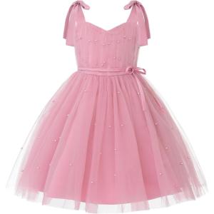 imageUhnice Flower Girls Pearl Dress Toddler Tulle Dresses with Bow Shoulder Straps for Wedding PartyBlush Pink