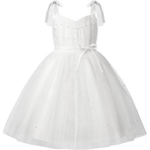 imageUhnice Flower Girls Pearl Dress Toddler Tulle Dresses with Bow Shoulder Straps for Wedding PartyWhite