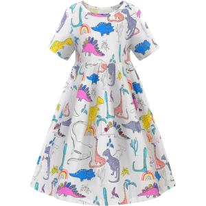 imageUhnice Girls Casual Dress Dinosaur Summer Dress Short Sleeve SundressWhite