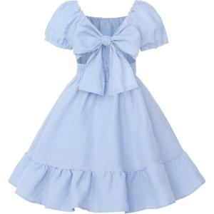 imageUhnice Girls Summer Casual Dress Bow Tie Back Dresses Off Shoulder Ruffled HemBlue