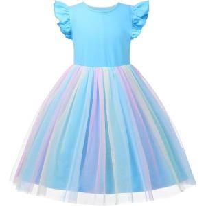 imageUhnice Toddler Girl Tutu Flutter Sleeve Summer Dress Casual Party Tulle SundressBlue Rainbow
