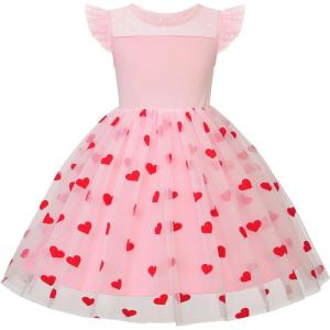 imageUhnice Toddler Girl Tutu Flutter Sleeve Summer Dress Casual Party Tulle SundressPink Heart