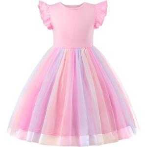 imageUhnice Toddler Girl Tutu Flutter Sleeve Summer Dress Casual Party Tulle SundressPink Rainbow