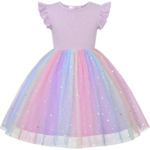 imageUhnice Toddler Girl Tutu Flutter Sleeve Summer Dress Casual Party Tulle SundressPurple Rainbow Sequin