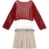 imageSpeechless Girls 3piece Long Sleeve Crochet Sweater With Tank and Belted Skirt SetRedIvoryPlaid
