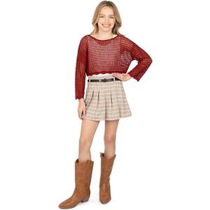 imageSpeechless Girls 3piece Long Sleeve Crochet Sweater With Tank and Belted Skirt SetRedIvoryPlaid