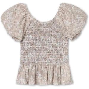 imageSpeechless Girls Floral Short Sleeve Ruffle Hem Smocked TopTan