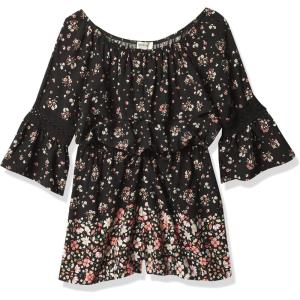 imageSpeechless girls Border Print Bell Sleeve Woven RomperBlackCoral